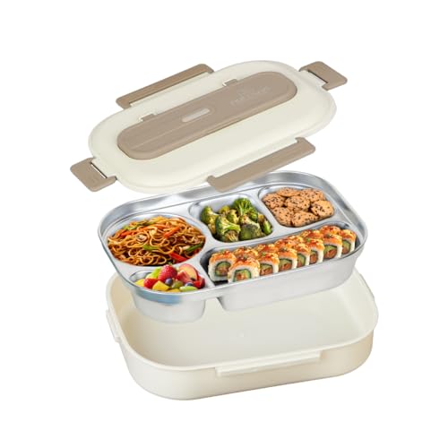 aurovaa Stainless Steel 304 Bento Box – 5-Compartment Leak-Proof Lunch Box with Spoon & Chopsticks | Eco-Friendly & Reusable Food Container for Kids & Adults (Beige) - Image 1