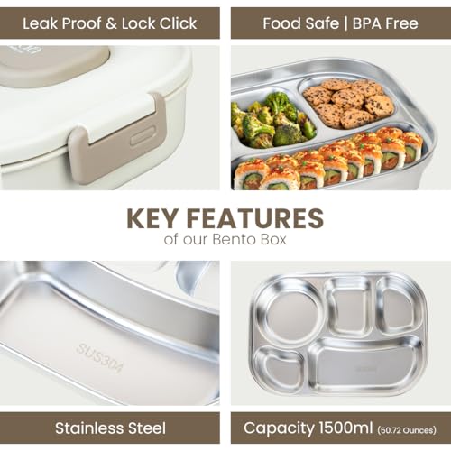 aurovaa Stainless Steel 304 Bento Box – 5-Compartment Leak-Proof Lunch Box with Spoon & Chopsticks | Eco-Friendly & Reusable Food Container for Kids & Adults (Beige) - Image 4