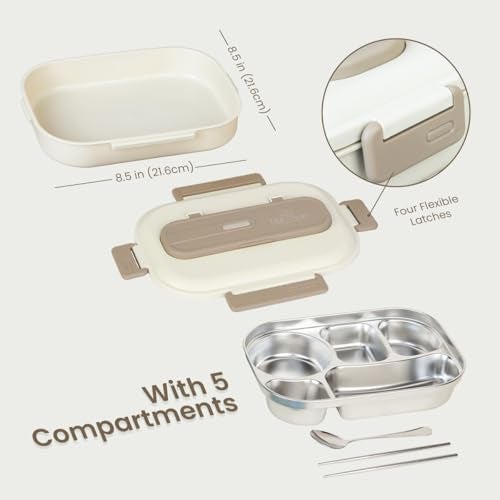 aurovaa Stainless Steel 304 Bento Box – 5-Compartment Leak-Proof Lunch Box with Spoon & Chopsticks | Eco-Friendly & Reusable Food Container for Kids & Adults (Beige) - Image 3