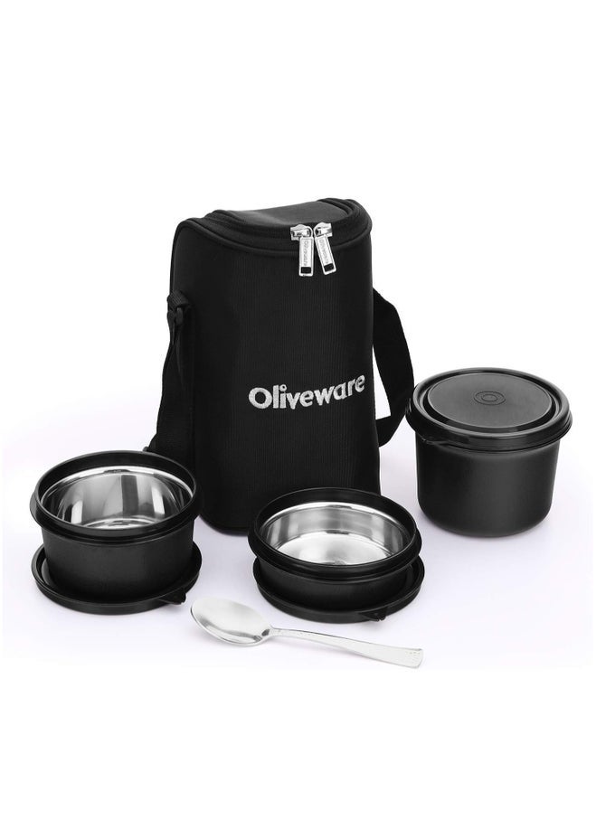 BOSS PRO LUNCH BOX WITH STEEL SPOON, MICROWAVE SAFE & LEAK PROOF, 3 INNER STEEL CONTAINERS WITH BPA FREE AIRTIGHT LIDS (290ML, 450ML, & 600ML), FABRIC BAG (BLACK)