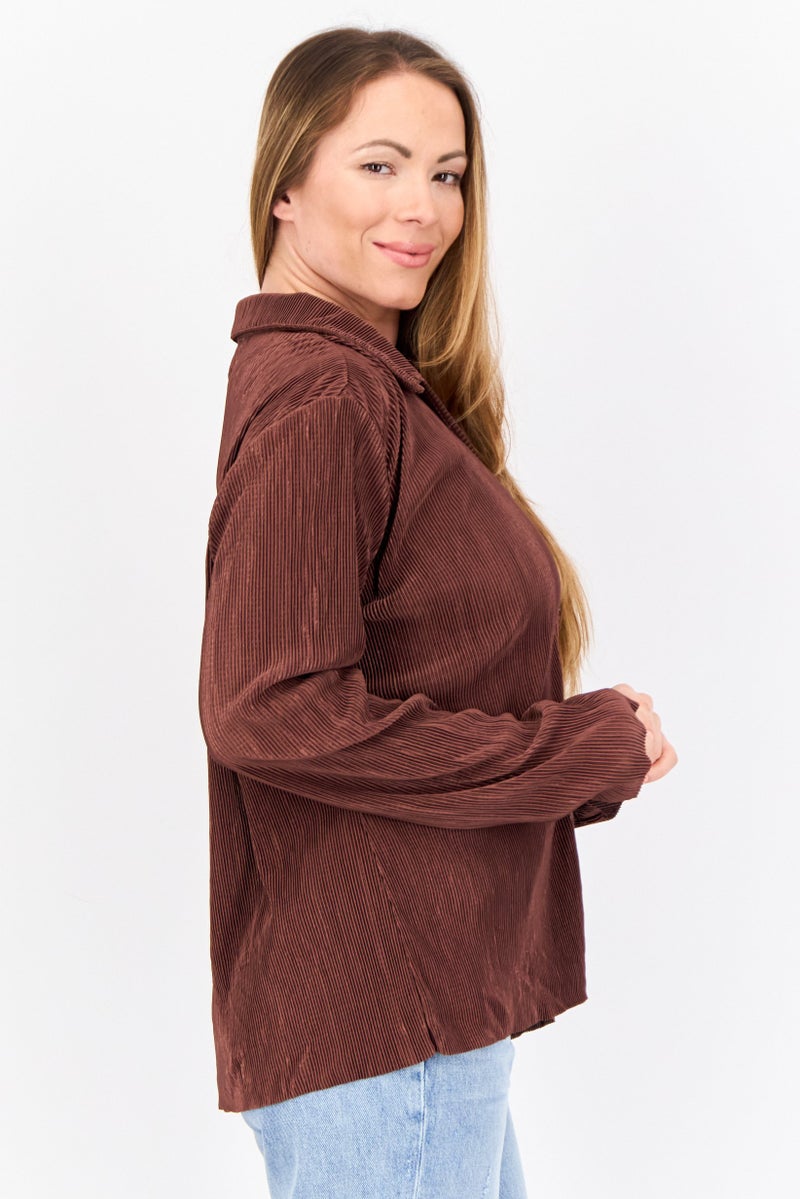 Cyrus Women Spread Collar Long Sleeves Coardaray Blouse, Brown  - Image 3