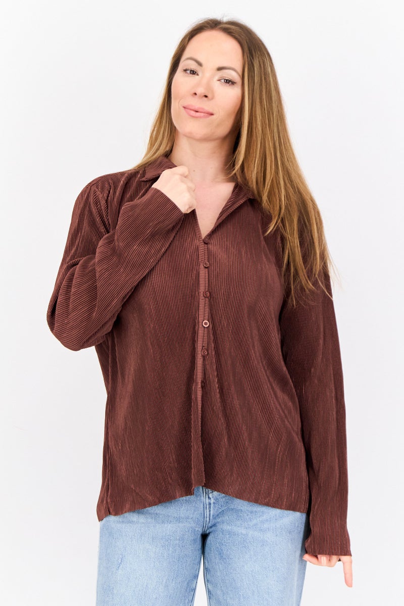 Cyrus Women Spread Collar Long Sleeves Coardaray Blouse, Brown  - Image 1