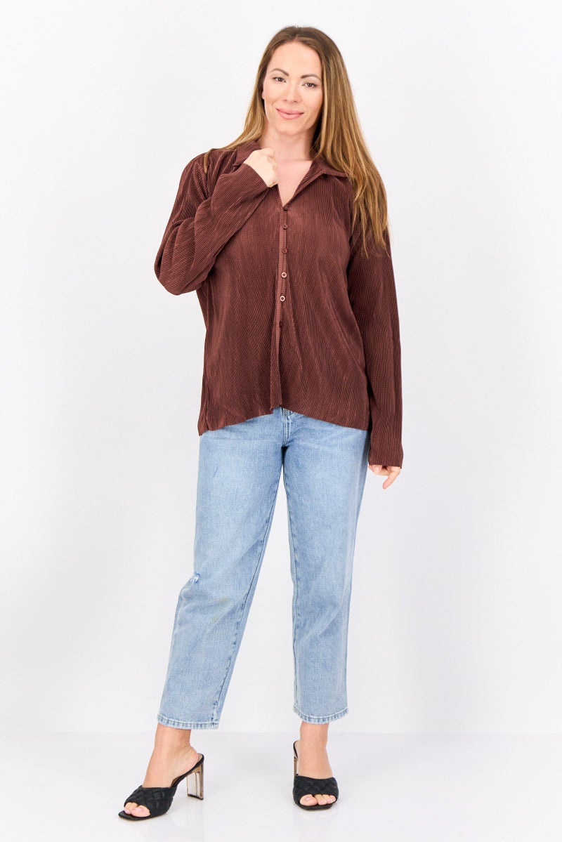 Cyrus Women Spread Collar Long Sleeves Coardaray Blouse, Brown  - Image 2