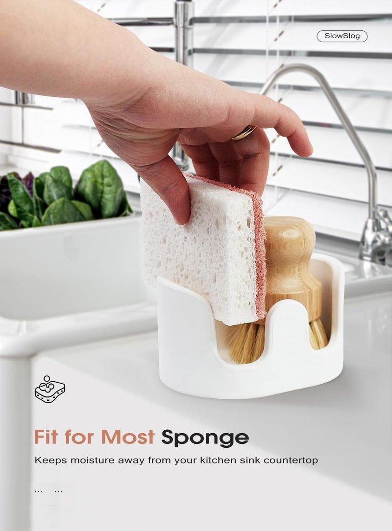 Slow Slog Double Sponge Holder, Water-Absorbing Stone Dish Sponge Caddy for Kitchen Sink Counter, Fast-Drying Stone Sponge Holder with 6 Sponges and 1 Brush, White - Image 3