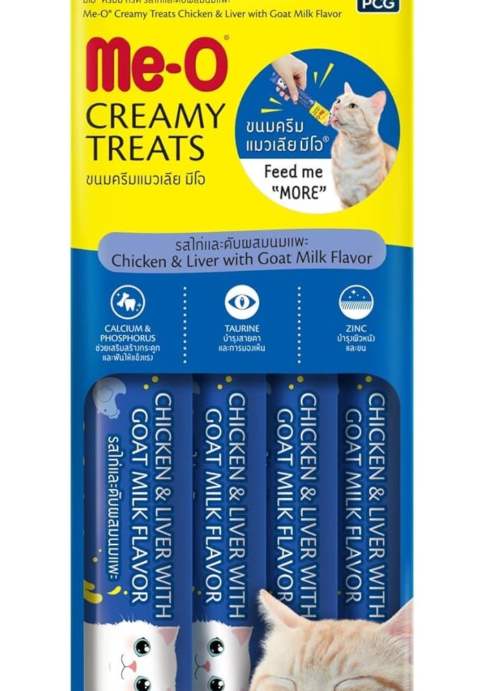 Me-O مكافآت ميو كريمي بنكهة الدجاج والكبد مع حليب الماعز