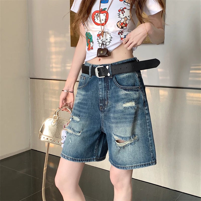 Women's Distressed Wide Leg Denim Shorts 2026 Summer - Image 1