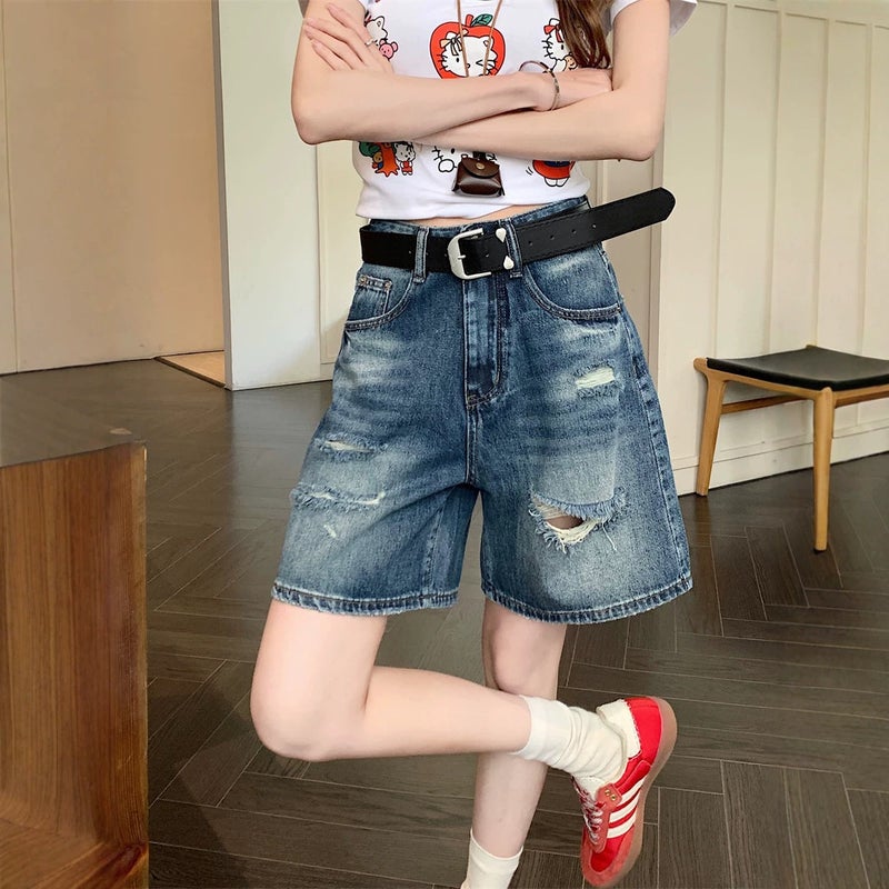 Women's Distressed Wide Leg Denim Shorts 2026 Summer - Image 3
