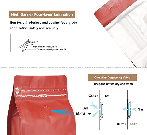 felipack 50 Count 8oz Red Coffee Bags with Aluminum Foil Liner, High Barrier Coffee Pouches with Degassing Valve, Ziplock Food Storage Bags with Pull Tape, Pack of 50, 6oz/0.5lb/250gram - Image 3