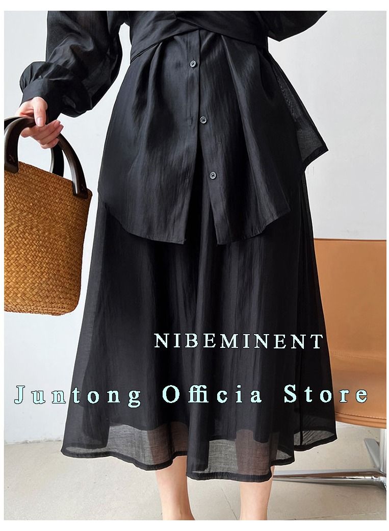 NIBEMINENT Women's Fashion Casual 2 Piece Suit Solid Color Waist  Waist Lace Up Sun Protection Shirt+Loose Drop Feeling Skirt  - Image 4