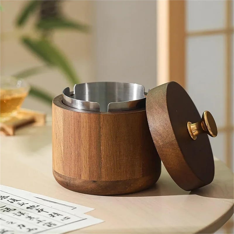 Durable Solid wood ashtray with cover large home Chinese anti-fly ash living room light creative retro car windproof(Silver,1pcs) - Image 3