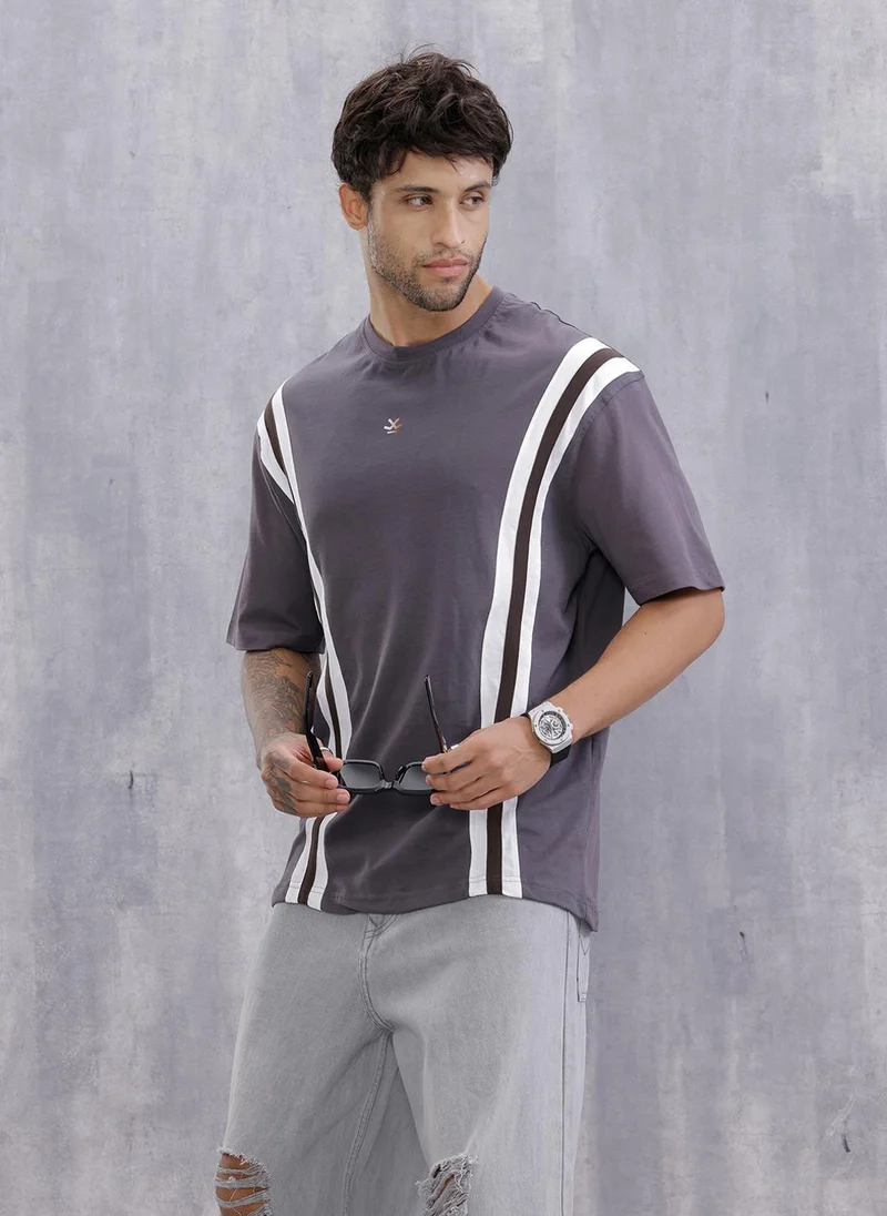Wrogn Contrast Cut&Sew Detail Sporty Look Oversized Fit T-shirt | Dark Grey