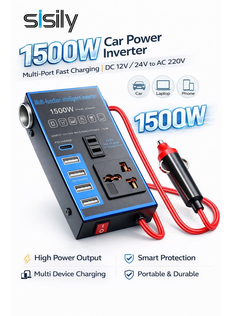 Sisily 1500W Car Power Inverter DC 12V/24V to AC 220V Converter, Modified Sine Wave, Multi-Port Fast Charging, Dual AC Outlet & USB, High Power Inverter for Car, SUV, Truck – Black - Image 1