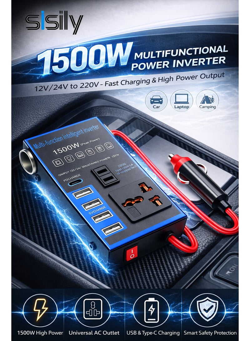 Sisily 1500W Car Power Inverter DC 12V/24V to AC 220V Converter, Modified Sine Wave, Multi-Port Fast Charging, Dual AC Outlet & USB, High Power Inverter for Car, SUV, Truck – Black - Image 2