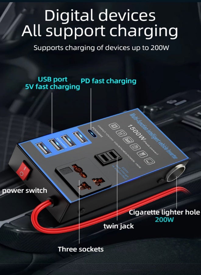 Sisily 1500W Car Power Inverter DC 12V/24V to AC 220V Converter, Modified Sine Wave, Multi-Port Fast Charging, Dual AC Outlet & USB, High Power Inverter for Car, SUV, Truck – Black - Image 3
