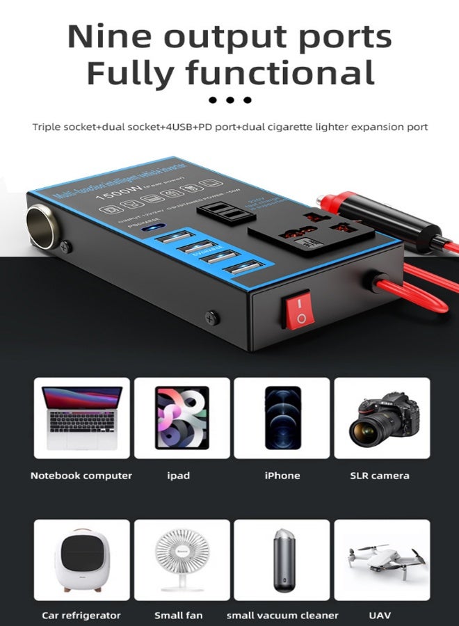 Sisily 1500W Car Power Inverter DC 12V/24V to AC 220V Converter, Modified Sine Wave, Multi-Port Fast Charging, Dual AC Outlet & USB, High Power Inverter for Car, SUV, Truck – Black - Image 4