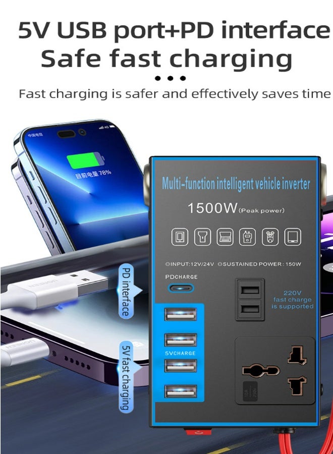 Sisily 1500W Car Power Inverter DC 12V/24V to AC 220V Converter, Modified Sine Wave, Multi-Port Fast Charging, Dual AC Outlet & USB, High Power Inverter for Car, SUV, Truck – Black - Image 5