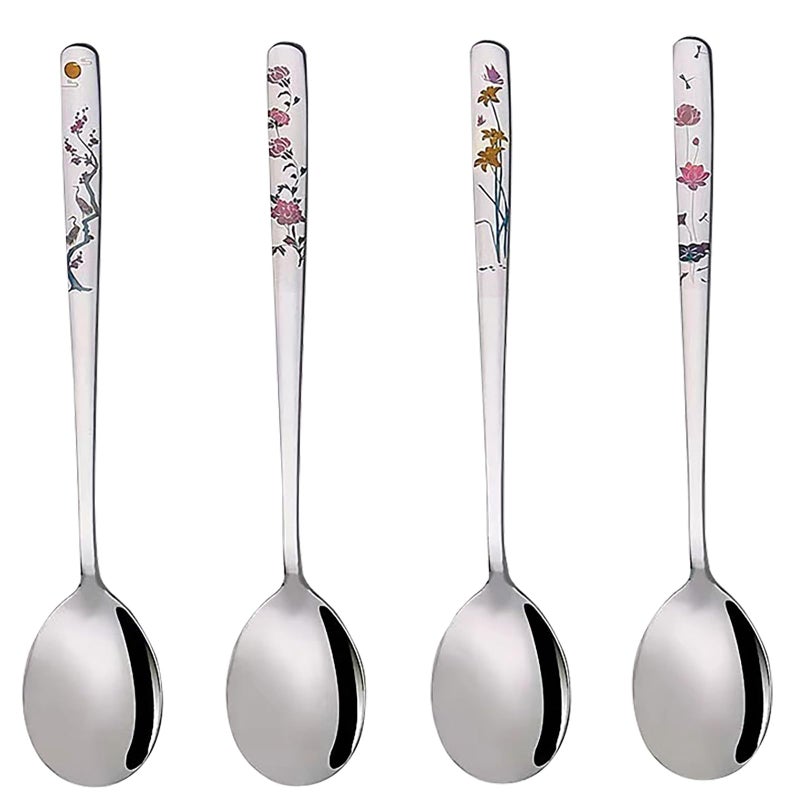YAPULLYA Korean Soup Spoons, 18/8 Stainless Steel Long Handle 8 Inch Tablespoon, Asian Metal Dinner Spoons, Set of 4 (flowers) - Image 1