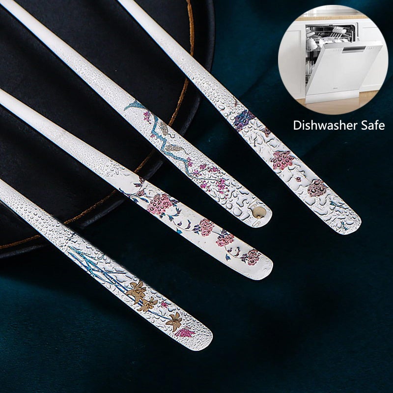 YAPULLYA Korean Soup Spoons, 18/8 Stainless Steel Long Handle 8 Inch Tablespoon, Asian Metal Dinner Spoons, Set of 4 (flowers) - Image 2