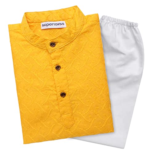 superminis Baby Boys Ethnic Wear Colored Cotton Chikankari Kurta, Round Collar, Full Sleeves With White Pyjama, Kurta Set (Yellow, 5-6 Years) - Image 1