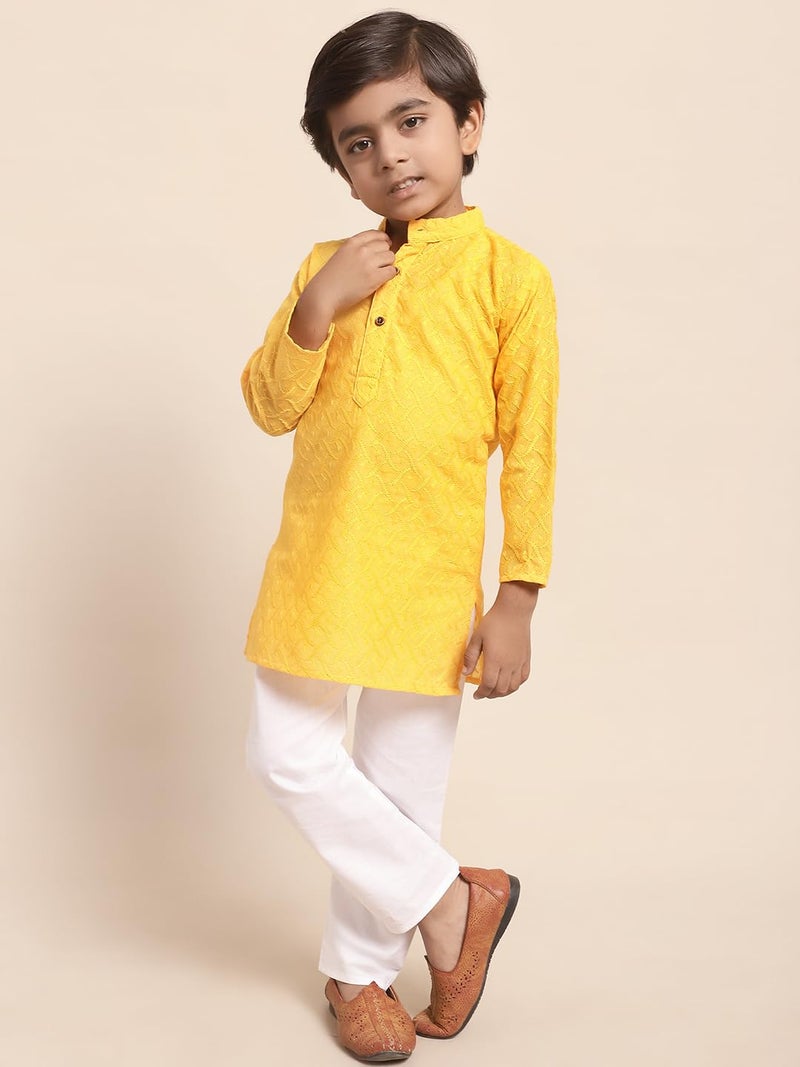 superminis Baby Boys Ethnic Wear Colored Cotton Chikankari Kurta, Round Collar, Full Sleeves With White Pyjama, Kurta Set (Yellow, 5-6 Years) - Image 2