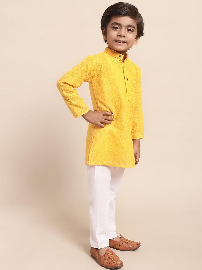 superminis Baby Boys Ethnic Wear Colored Cotton Chikankari Kurta, Round Collar, Full Sleeves With White Pyjama, Kurta Set (Yellow, 5-6 Years) - Image 5
