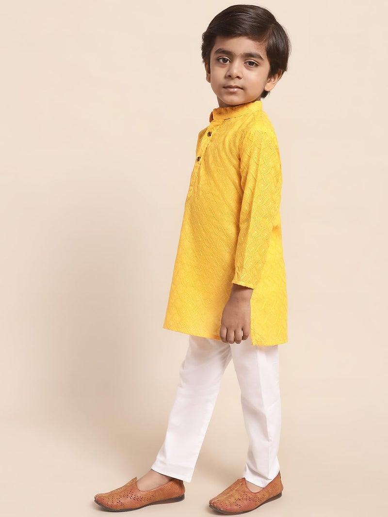 superminis Baby Boys Ethnic Wear Colored Cotton Chikankari Kurta, Round Collar, Full Sleeves With White Pyjama, Kurta Set (Yellow, 5-6 Years) - Image 4