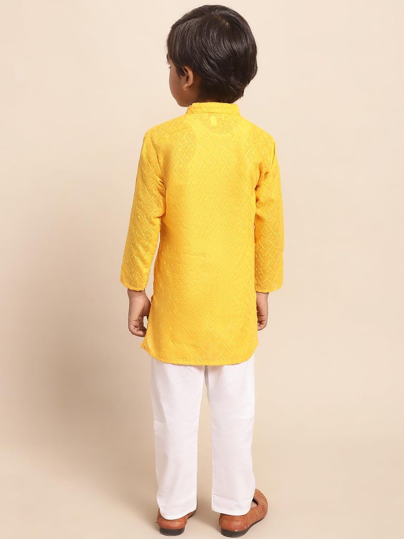 superminis Baby Boys Ethnic Wear Colored Cotton Chikankari Kurta, Round Collar, Full Sleeves With White Pyjama, Kurta Set (Yellow, 5-6 Years) - Image 3
