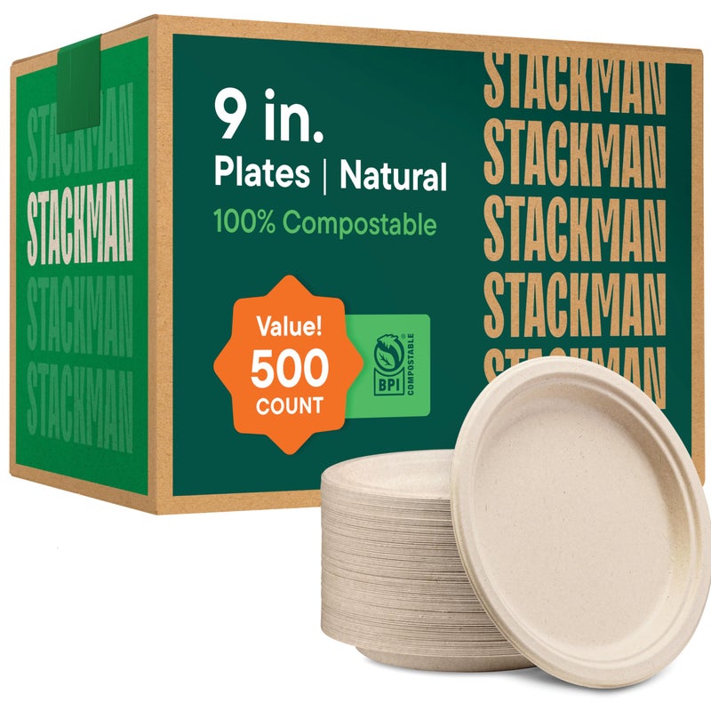Stack Man 100% Compostable Paper Plates 9 Inch [500 Count] Heavy-Duty Dinner Plates - Natural Brown Color Unbleached Bagasse - Eco-Friendly Disposable Biodegradable Sugarcane Plates - [Bulk Case 4 x 125 Pack] - Image 1