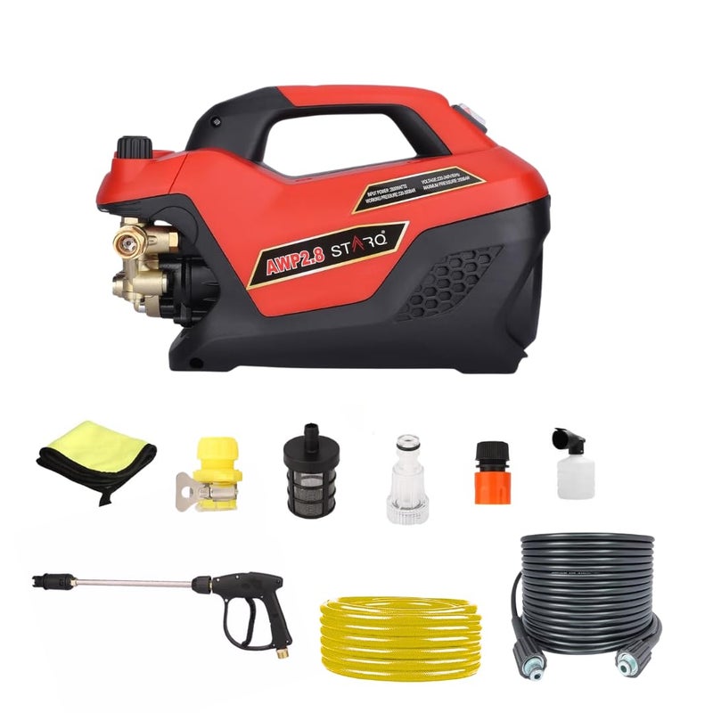 STARQ غسالة ضغط عالية الأداء STARQ AWP28 350 بار 2800 واط للاستخدام الثقيل للسيارات والدراجات المنزلية مع ضغط قابل للتعديل باللون الأحمر - Image 1