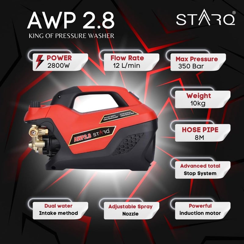 STARQ غسالة ضغط عالية الأداء STARQ AWP28 350 بار 2800 واط للاستخدام الثقيل للسيارات والدراجات المنزلية مع ضغط قابل للتعديل باللون الأحمر - Image 3