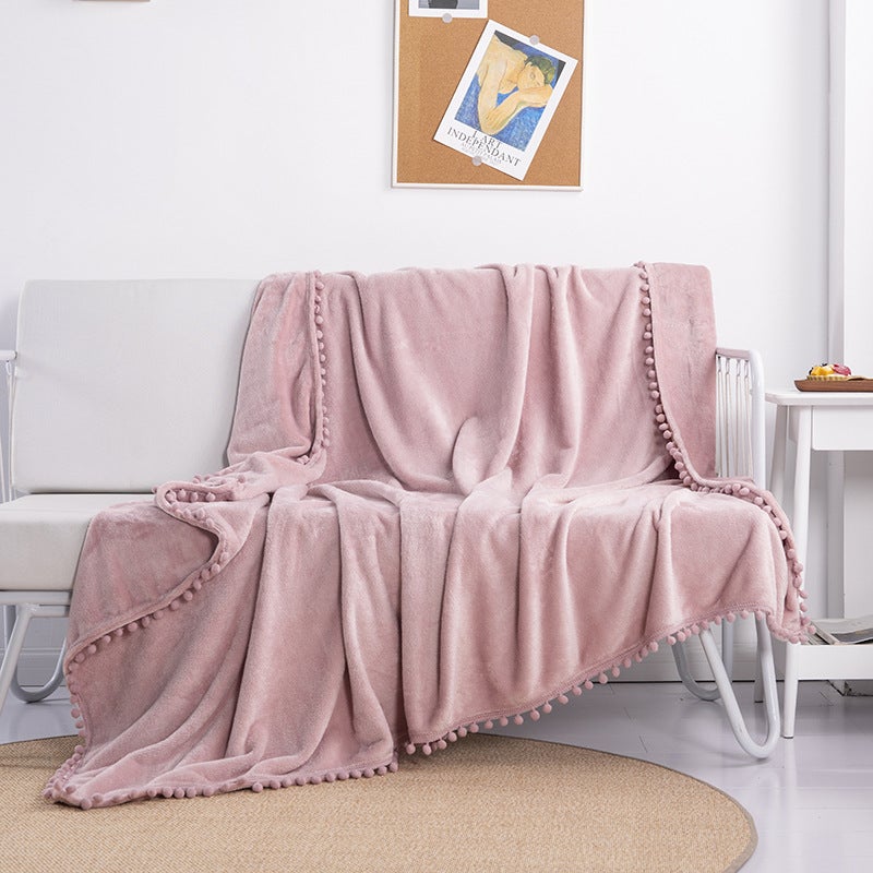 Fringe Pom-Pom Flannel Throw Blanket Solid Color Pink 