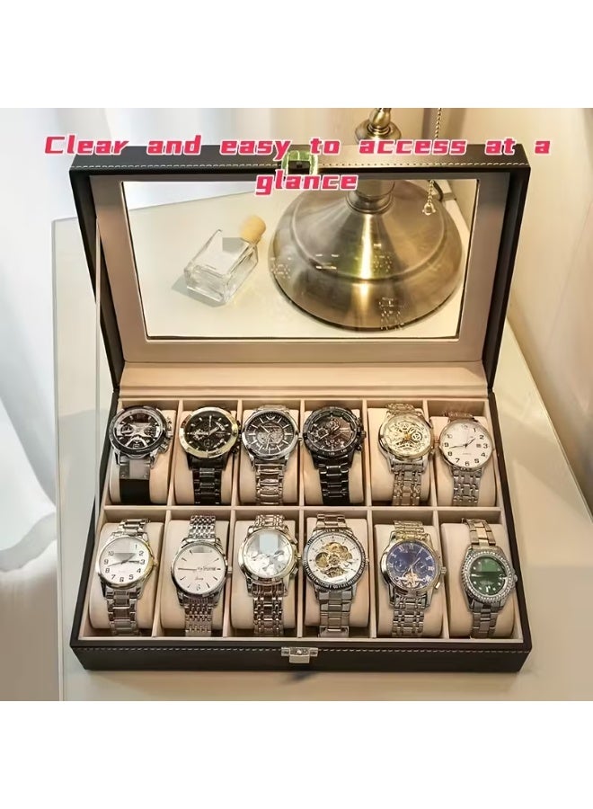 BLOOMING TIME Home Clearance Sale Leather Glass Watch Display Box (12 Slots, Black) - Image 5