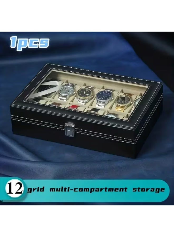 BLOOMING TIME Home Clearance Sale Leather Glass Watch Display Box (12 Slots, Black) - Image 4