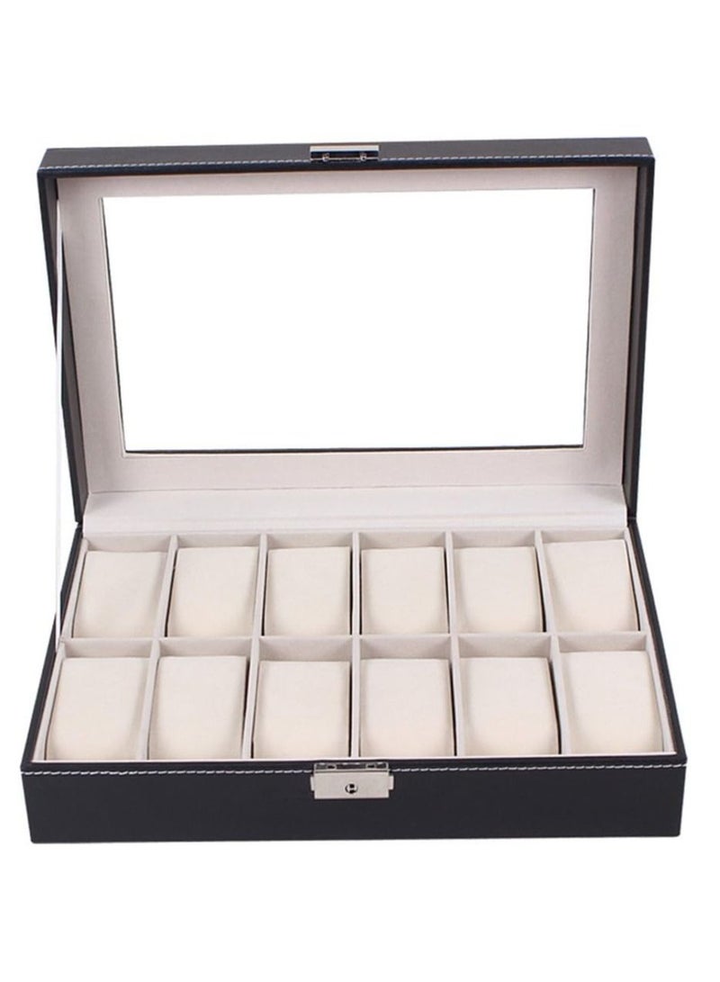 BLOOMING TIME Home Clearance Sale Leather Glass Watch Display Box (12 Slots, Black) - Image 2