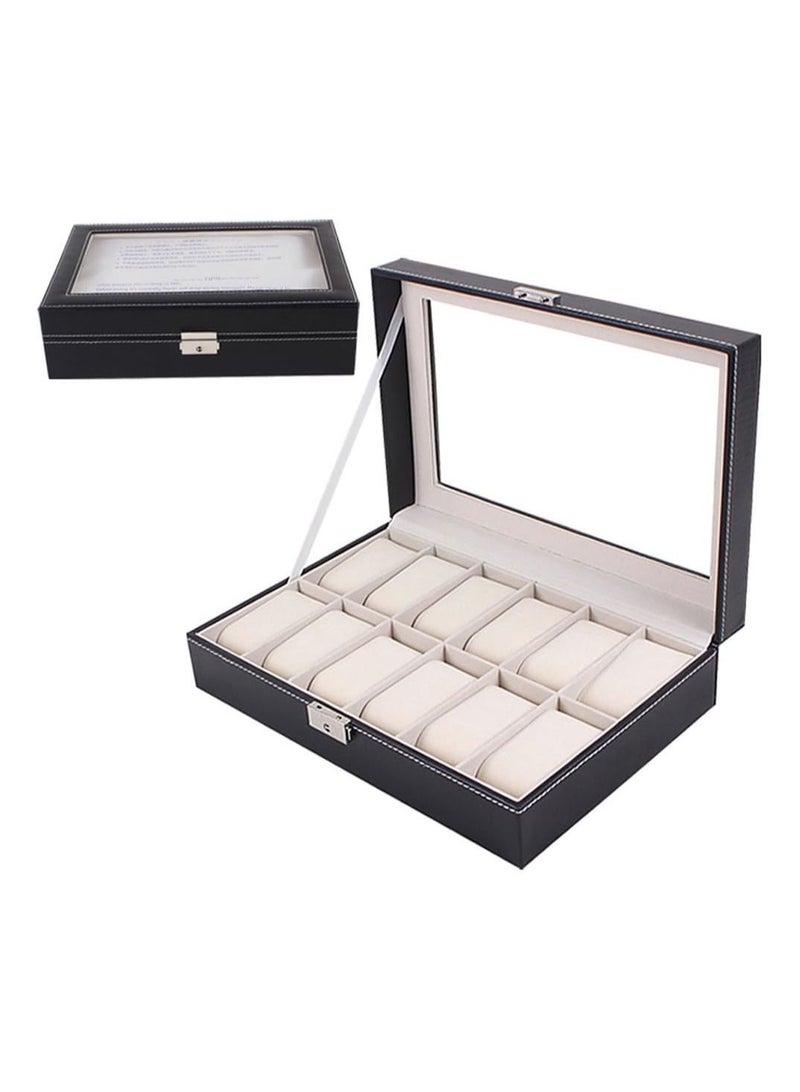 BLOOMING TIME Home Clearance Sale Leather Glass Watch Display Box (12 Slots, Black) - Image 1