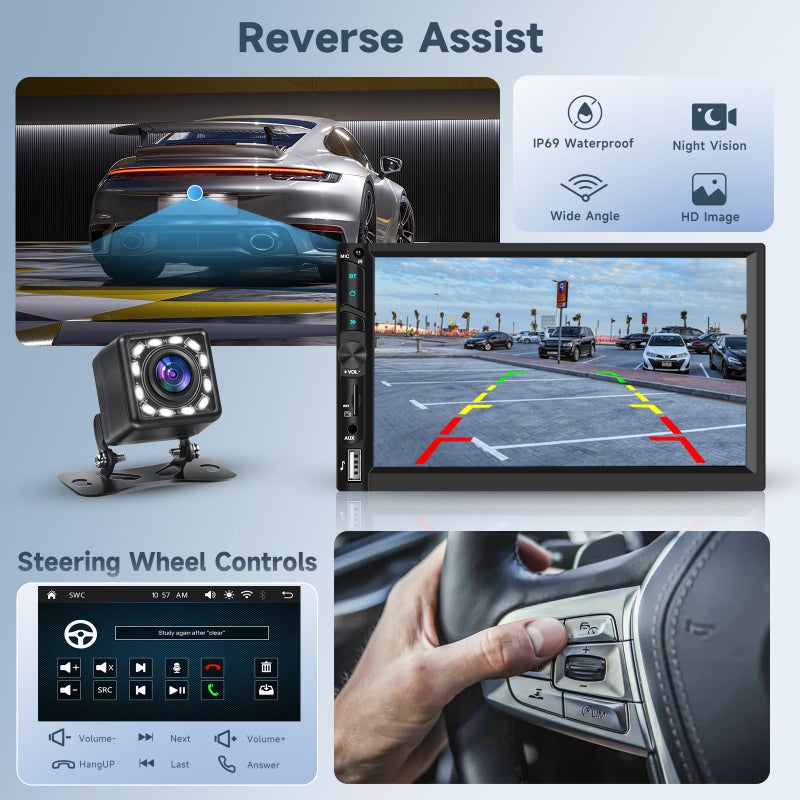 Podofo Double Din Car Stereo Radio with Wireless CarPlay Android Auto, 7 Inch HD Touch Screen Car Play Audio Receivers with Bluetooth, HD Backup Camera, FM, Mirror Link, USB/Type C/TF/AUX/SWC - Image 5