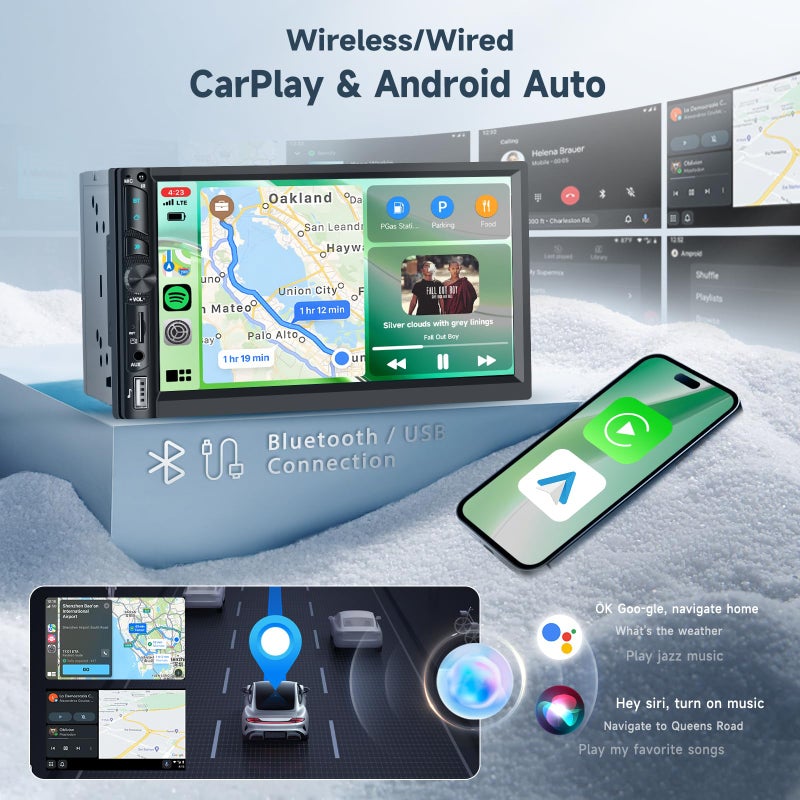 Podofo Double Din Car Stereo Radio with Wireless CarPlay Android Auto, 7 Inch HD Touch Screen Car Play Audio Receivers with Bluetooth, HD Backup Camera, FM, Mirror Link, USB/Type C/TF/AUX/SWC - Image 2