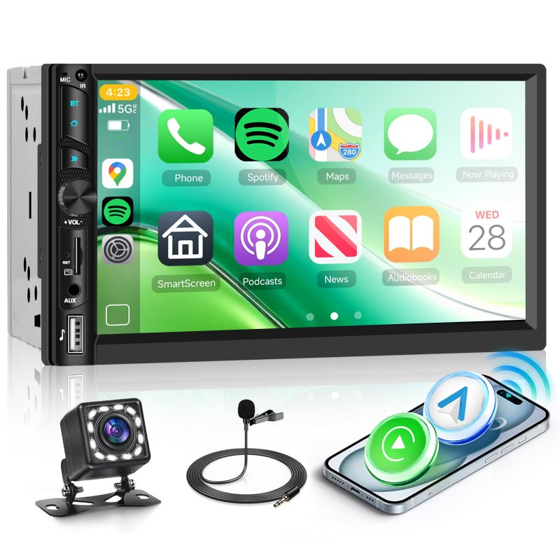 Podofo Double Din Car Stereo Radio with Wireless CarPlay Android Auto, 7 Inch HD Touch Screen Car Play Audio Receivers with Bluetooth, HD Backup Camera, FM, Mirror Link, USB/Type C/TF/AUX/SWC - Image 1