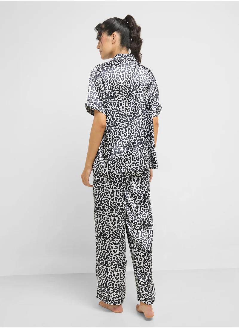 Ginger Satin Animal Print Shirt & Pyjama Set