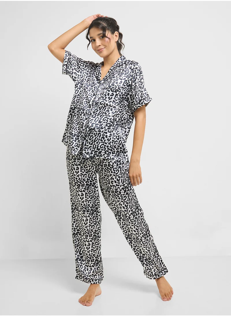 Ginger Satin Animal Print Shirt & Pyjama Set