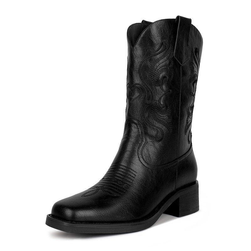 ISNOM Black Cowgirl Cowboy Boots for Women Square Toe Black Womens Mid Calf Low Heel Western Boots Wide Calf Cowboy Cowgirl Short Heeled Boot Size 10 - Image 1