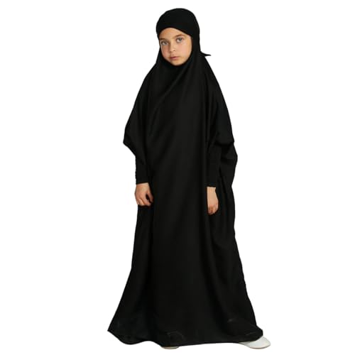 IWEMEK Muslim Clothes for Girls Muslim Dress for Kids Islamic Prayer Dress Long Sleeve Hooded Abaya with Hijab Ramadan Eid One Piece Full Cover Burka Jilbab Kaftan Robe Arabic Dubai Outfits Black 89 Years - Image 1