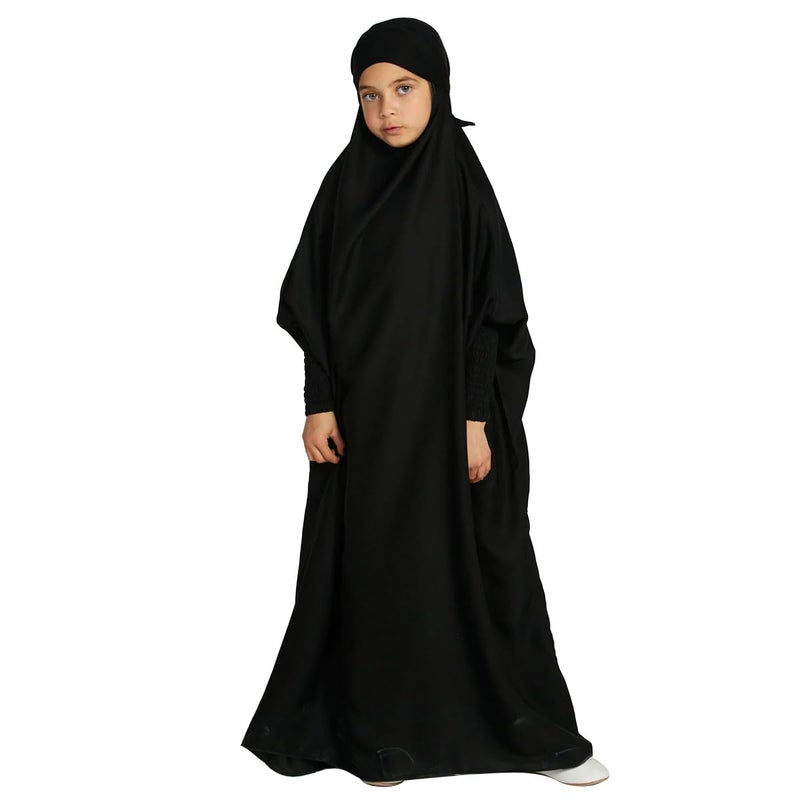 IWEMEK Muslim Clothes for Girls Muslim Dress for Kids Islamic Prayer Dress Long Sleeve Hooded Abaya with Hijab Ramadan Eid One Piece Full Cover Burka Jilbab Kaftan Robe Arabic Dubai Outfits Black 89 Years - Image 2