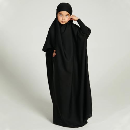 IWEMEK Muslim Clothes for Girls Muslim Dress for Kids Islamic Prayer Dress Long Sleeve Hooded Abaya with Hijab Ramadan Eid One Piece Full Cover Burka Jilbab Kaftan Robe Arabic Dubai Outfits Black 89 Years - Image 3