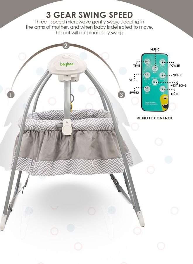 Wanda Electric Swing Cradle For Baby Automatic Swing Baby Cradle With Mosquito Net Remote Toy Bar Music Baby Swing Cradle For Baby 0 To 2 Years Boys Grey