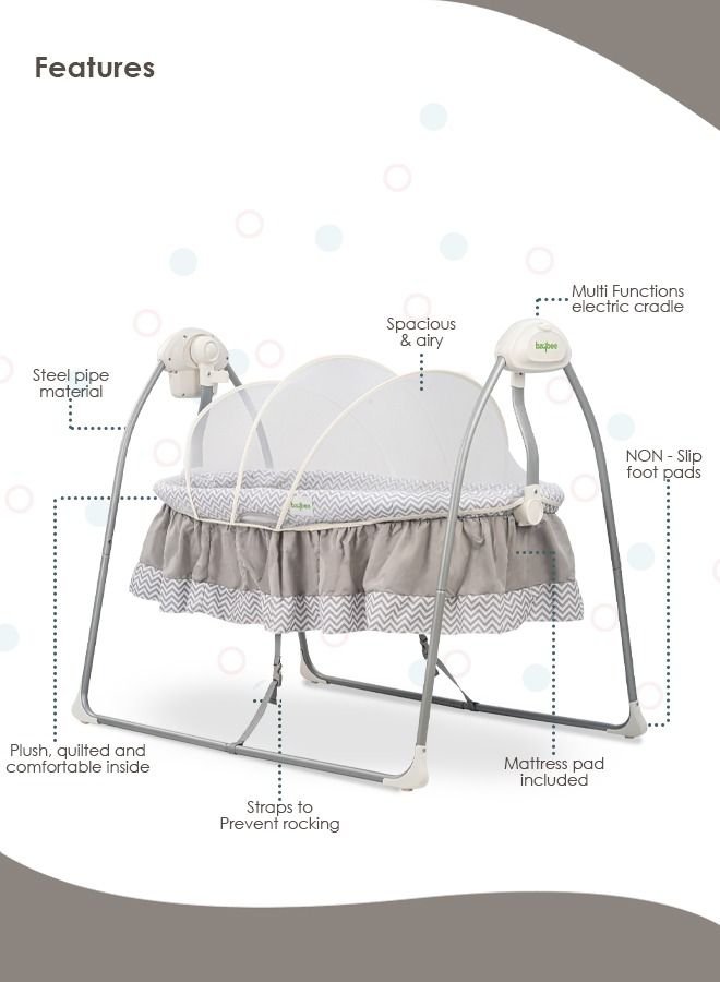 Wanda Electric Swing Cradle For Baby Automatic Swing Baby Cradle With Mosquito Net Remote Toy Bar Music Baby Swing Cradle For Baby 0 To 2 Years Boys Grey