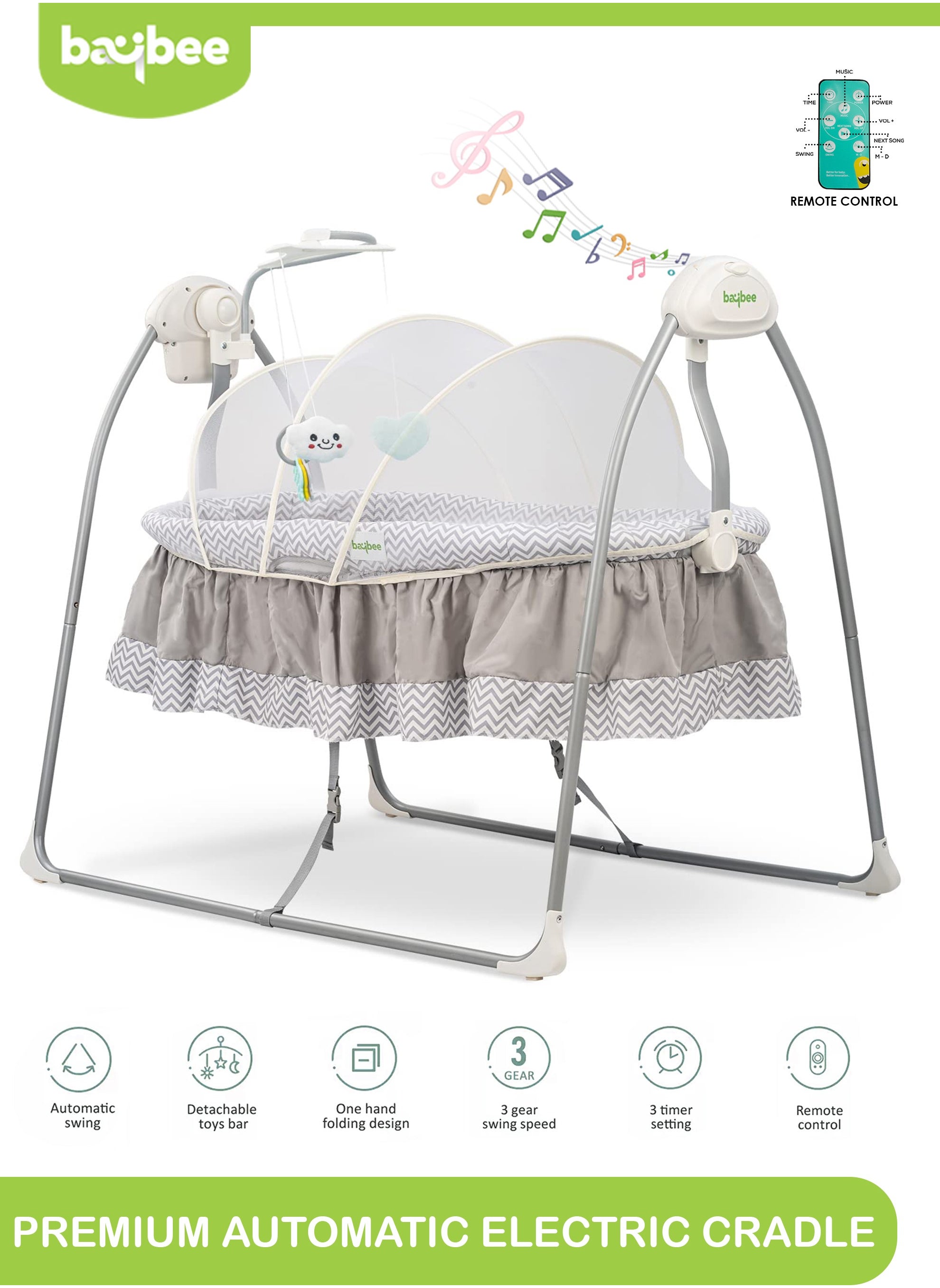 BAYBEE Wanda Electric Swing Cradle For Baby Automatic Swing Baby Cradle With Mosquito Net Remote Toy Bar Music Baby Swing Cradle For Baby 0 To 2 Years Boys Grey 