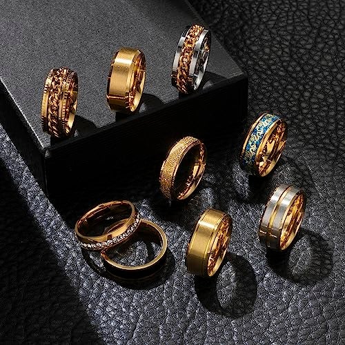 EIELO 9Pcs Stainless Steel Band Rings for Men Women Cool Fidget Spinning Chain Ring Anxiety Relief Fashion Simple Wedding Engagement Golden Ring Set Size10 - Image 3