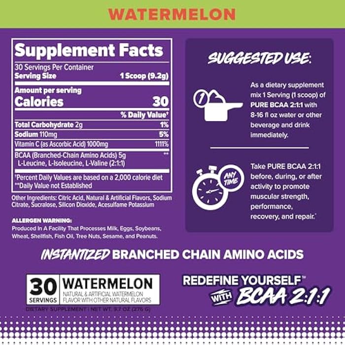 FINAFLEX Pure BCAA 2:1:1, Watermelon - 9.7 oz - Promotes Strength, Recovery & Performance - with 2:1:1 Ratio of Leucine, Isoleucine & Valine + Vitamin C - 30 Servings - Image 2