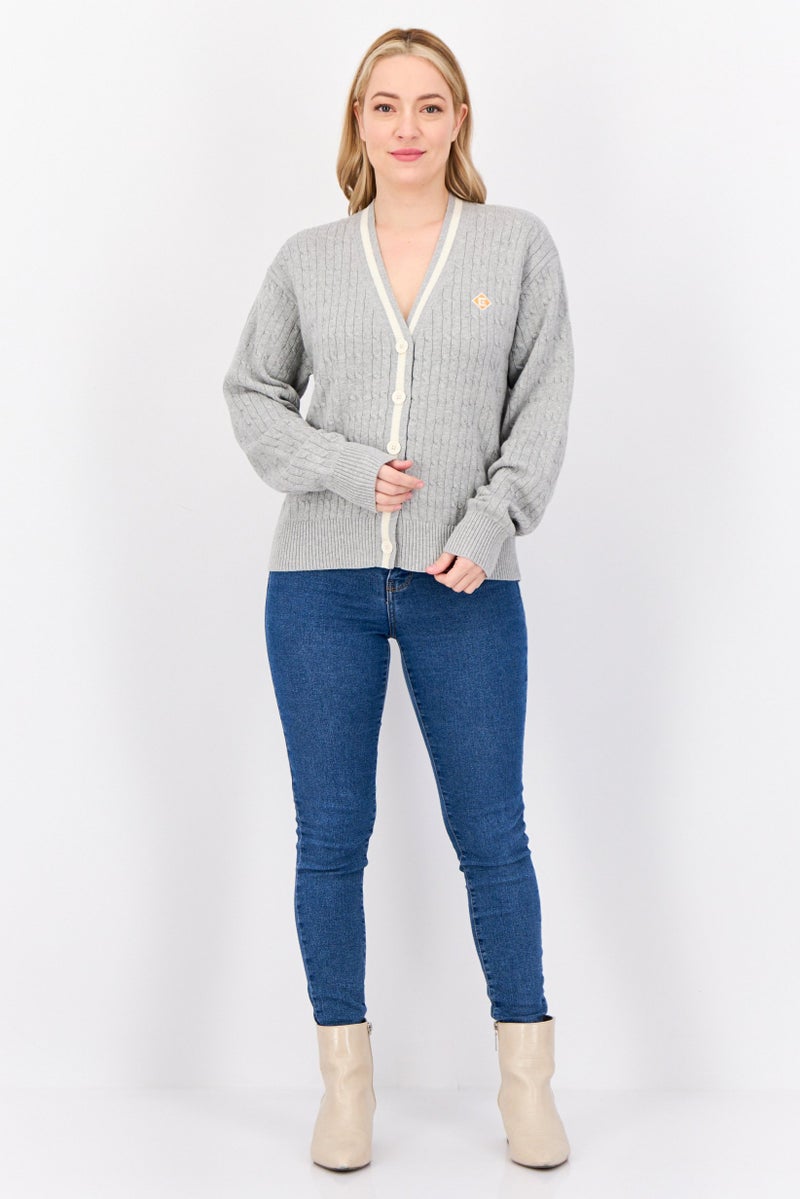 ESPRIT Women V Neck Knitted Cardigan, Grey  - Image 3
